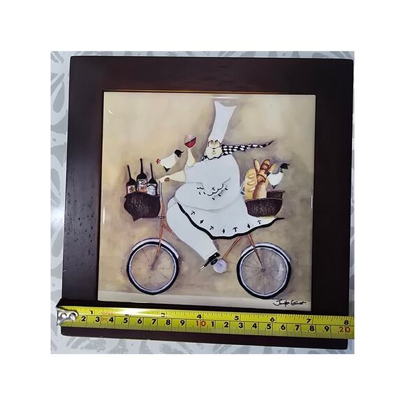 Jennifer Garant “Fat Chef on Bicycle” Framed Ceramic Tile Trivet / Wall Hanging - Picture 8 of 9